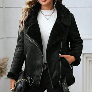 Black Casual Women's Faux Leather Winter Jacket